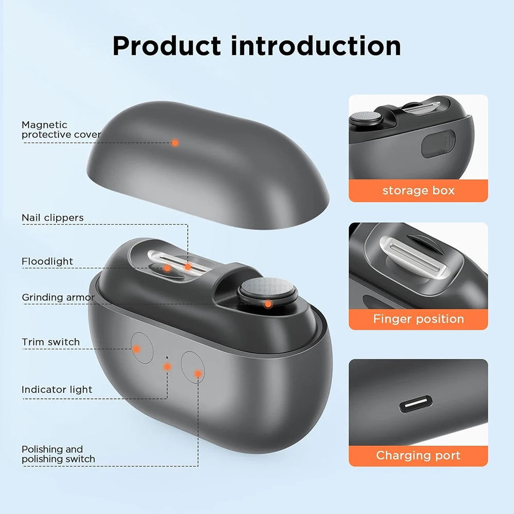 Electric Nail Clippers Automatic Nail Trimmer with Light Portable Fingernail Cutter Polishing Grinder with Nail Scraps Storage